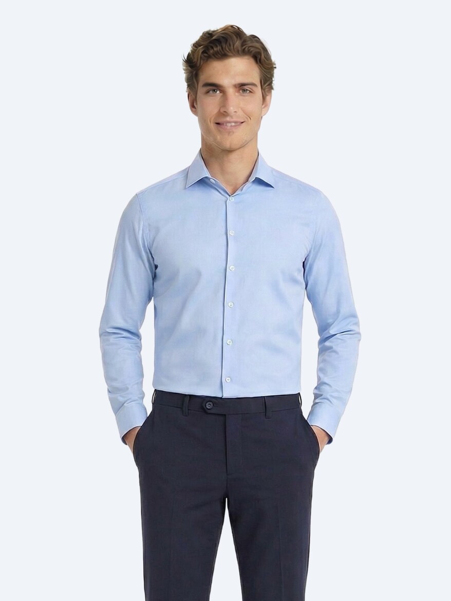 Blue Plain Slim Fit Long Weaving Classical Cotton Blended Shirt 