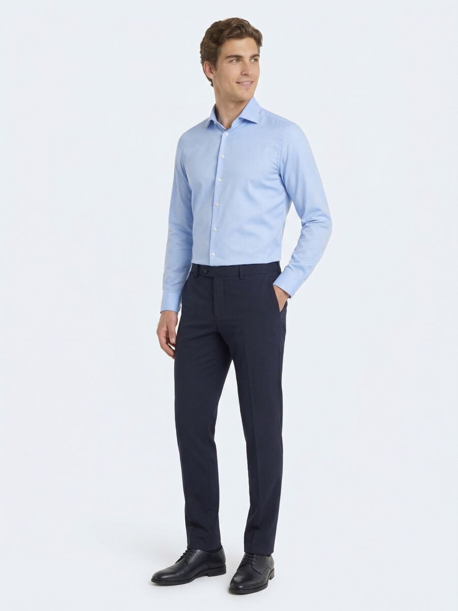 Blue Plain Slim Fit Long Weaving Classical Cotton Blended Shirt - 2