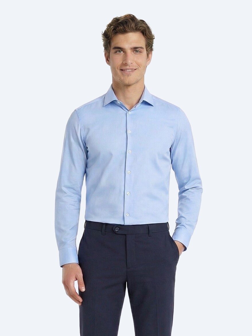Blue Plain Slim Fit Long Weaving Classical Cotton Blended Shirt - 3