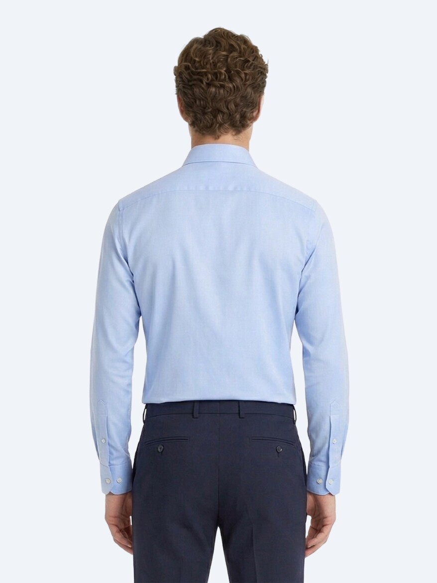 Blue Plain Slim Fit Long Weaving Classical Cotton Blended Shirt - 4