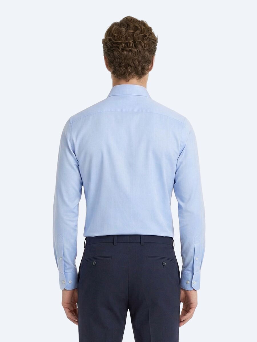 Blue Plain Slim Fit Long Weaving Classical Cotton Blended Shirt - 4