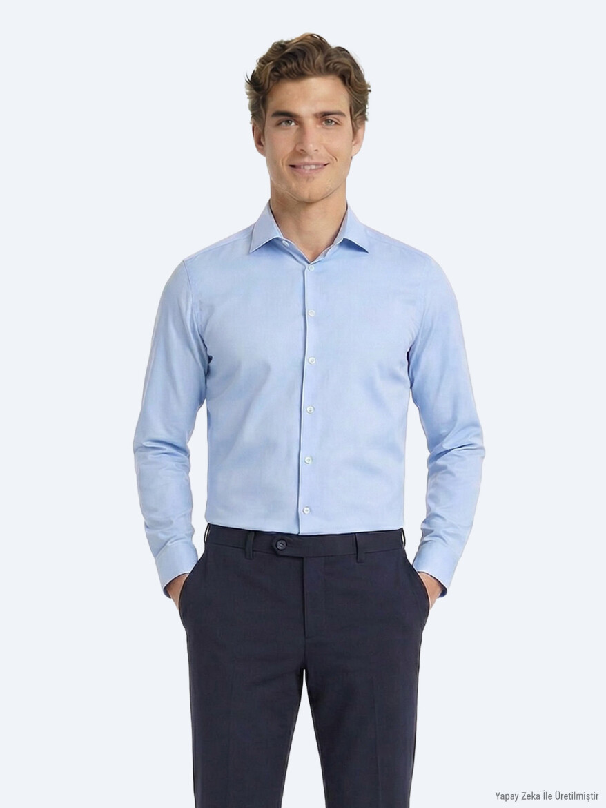 Blue Plain Slim Fit Long Weaving Classical Cotton Blended Shirt 
