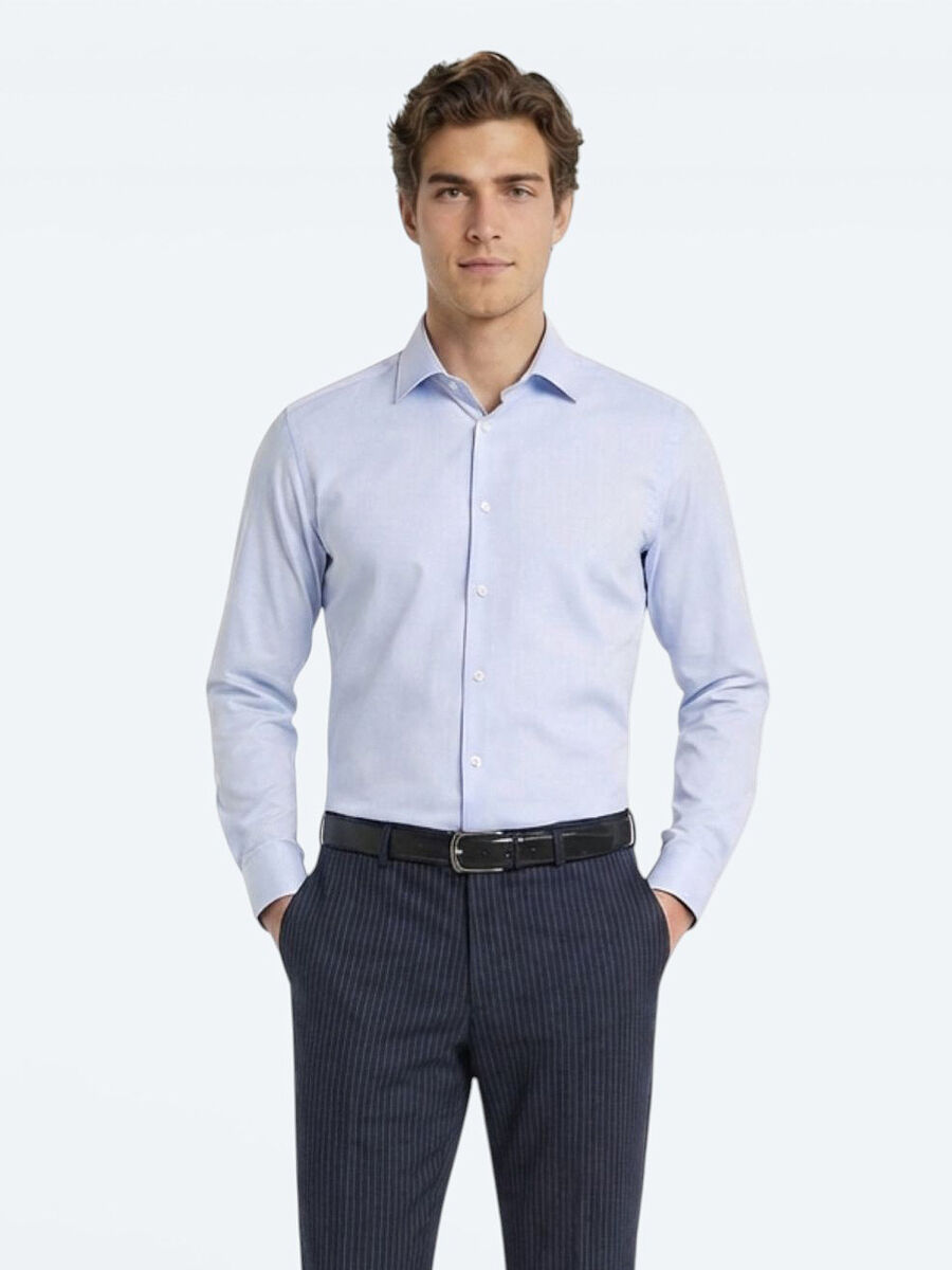 Blue Plain Slim Fit Weaving Classical 100% Cotton Shirt - 2