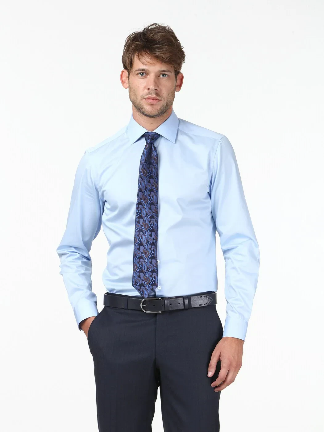 Blue Plain Slim Fit Weaving Classical 100% Cotton Shirt - 1