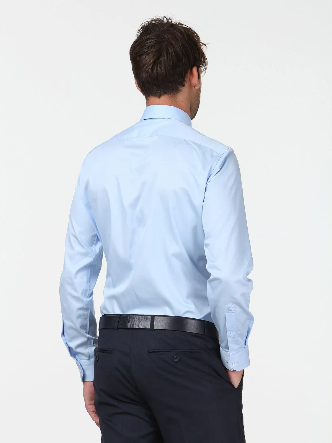 Blue Plain Slim Fit Weaving Classical 100% Cotton Shirt - 4