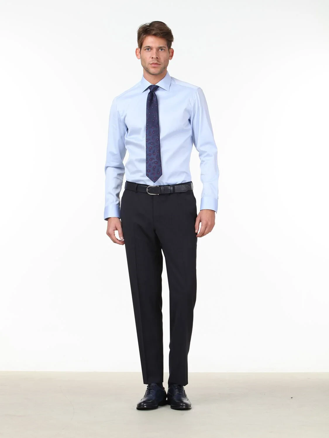 Blue Plain Slim Fit Weaving Classical 100% Cotton Shirt - 2