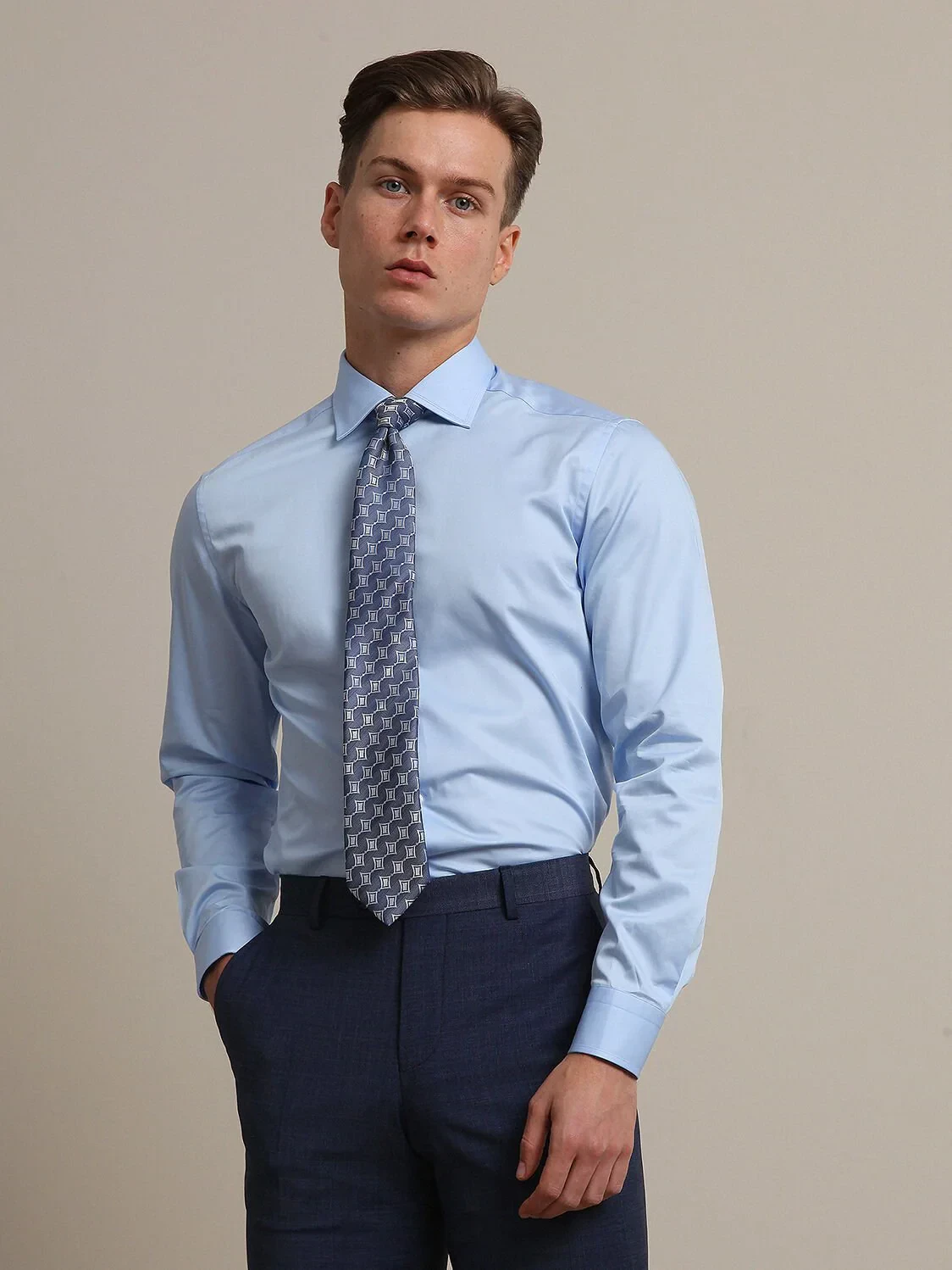 Blue Plain Slim Fit Weaving Classical 100% Cotton Shirt - 1