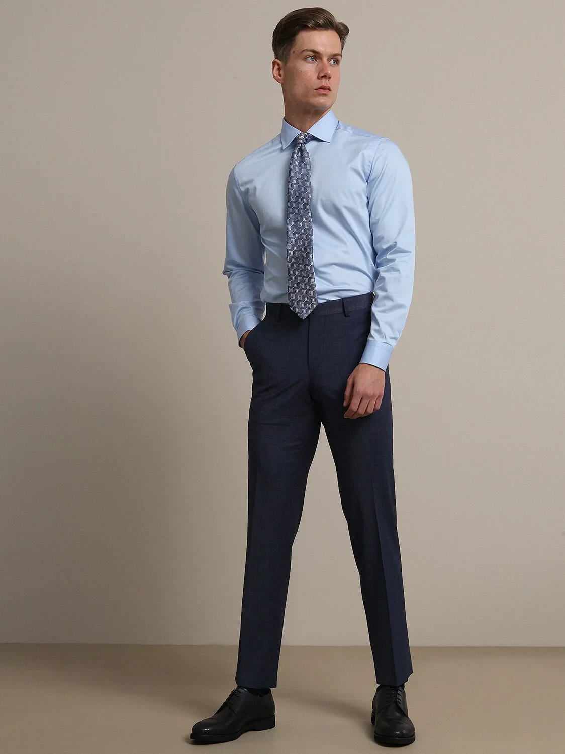 Blue Plain Slim Fit Weaving Classical 100% Cotton Shirt - 3