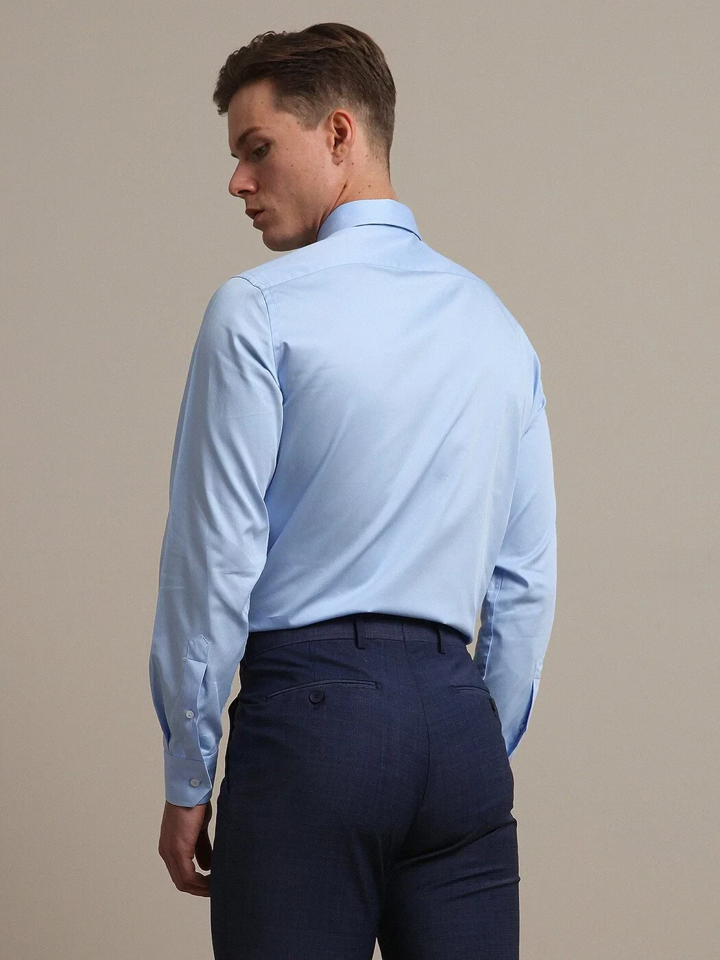 Blue Plain Slim Fit Weaving Classical 100% Cotton Shirt - 4