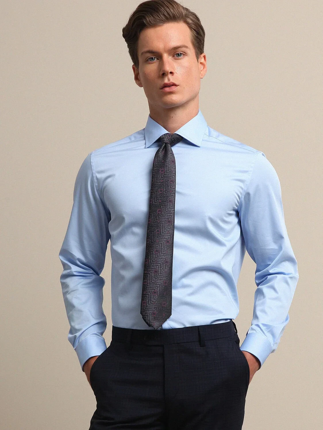 Blue Plain Slim Fit Weaving Classical 100% Cotton Shirt - 2