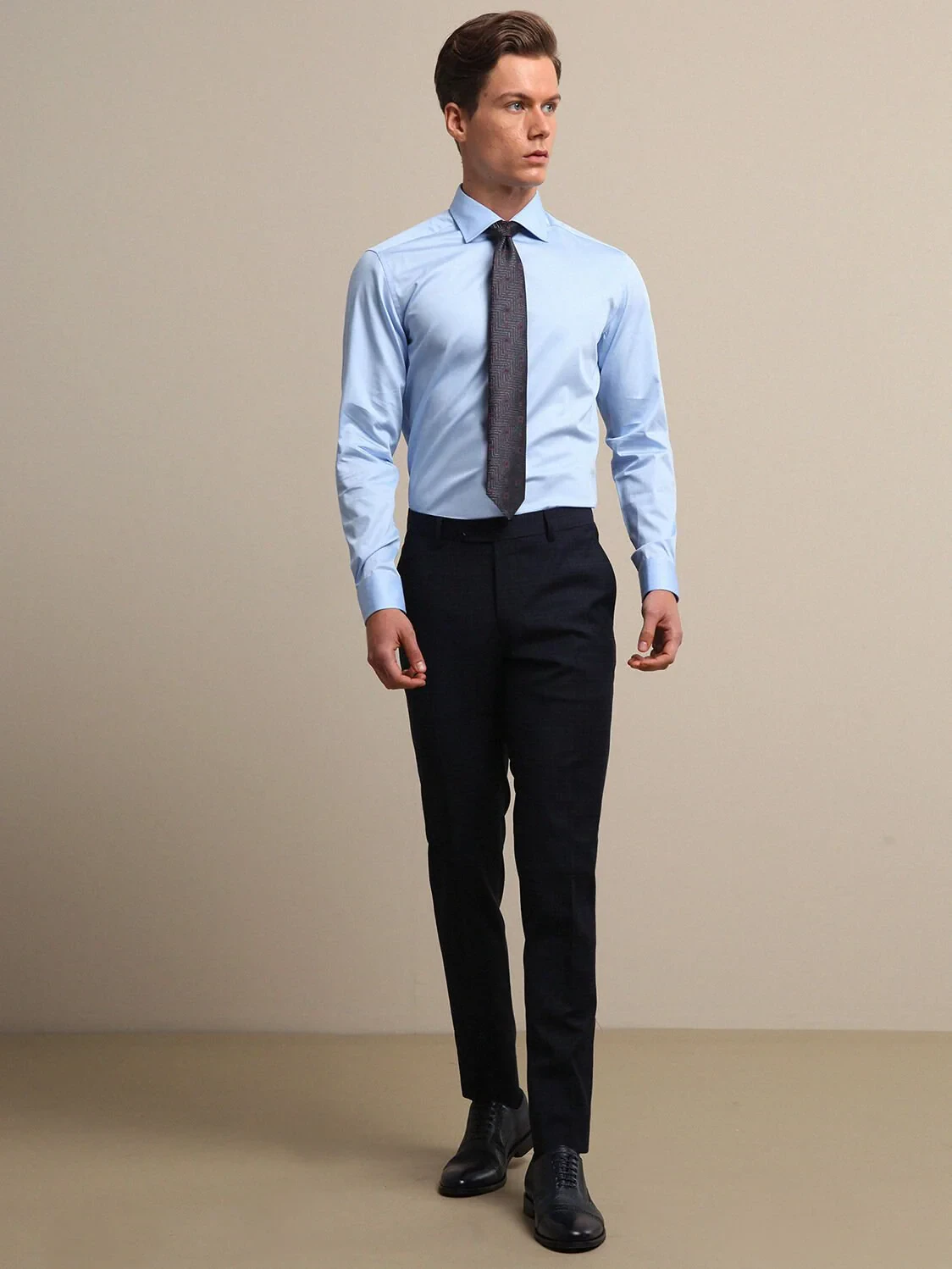 Blue Plain Slim Fit Weaving Classical 100% Cotton Shirt - 3