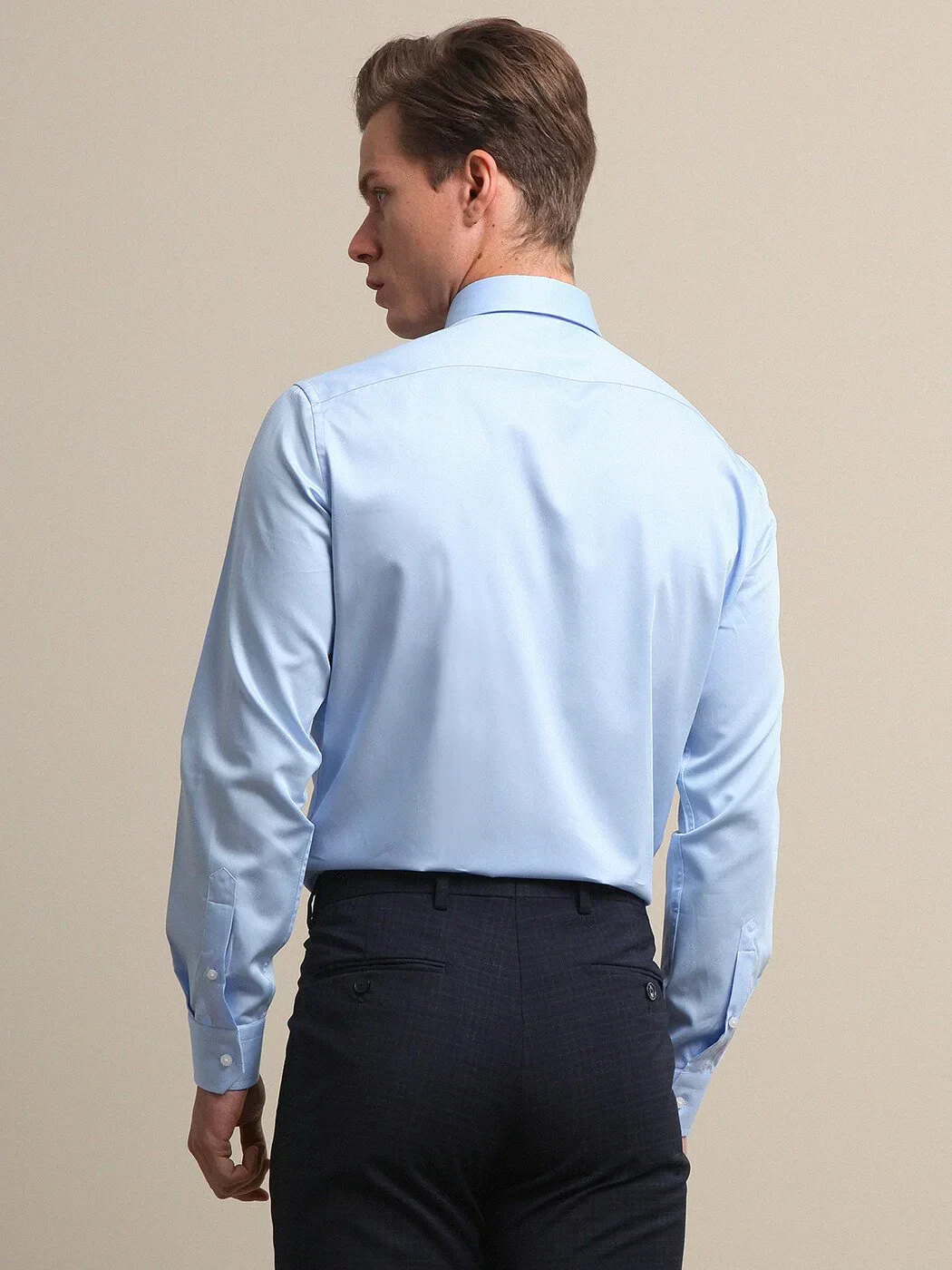 Blue Plain Slim Fit Weaving Classical 100% Cotton Shirt - 4