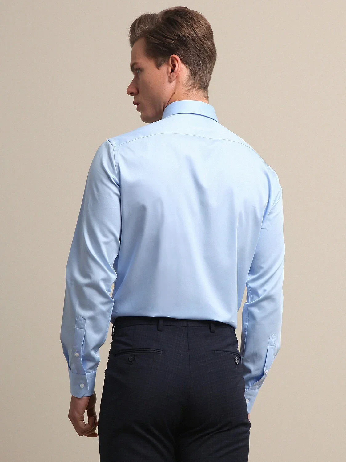 Blue Plain Slim Fit Weaving Classical 100% Cotton Shirt - 4