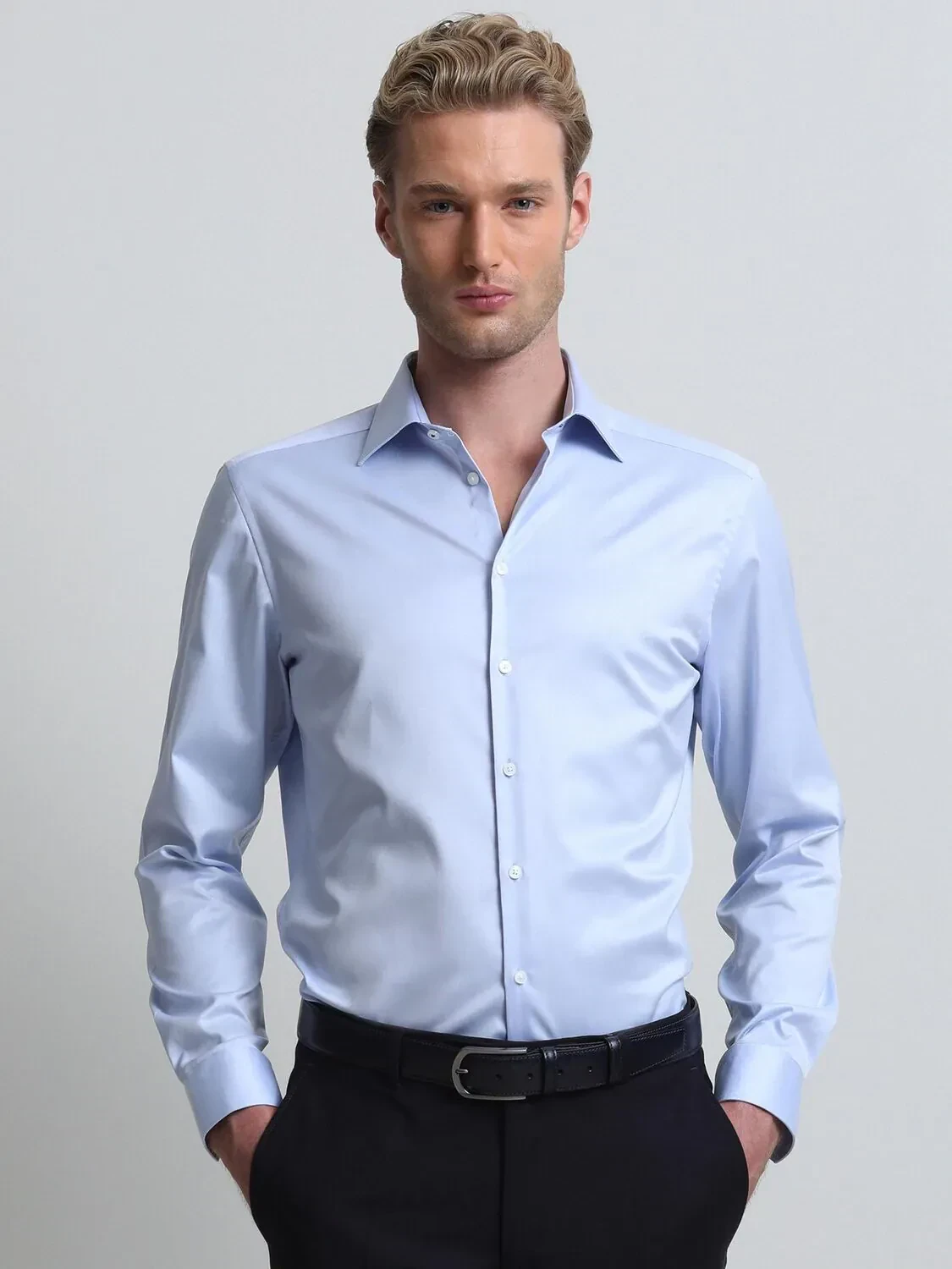 Blue Plain Slim Fit Weaving Classical 100% Cotton Shirt - 1