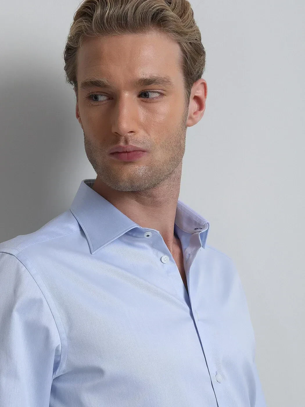 Blue Plain Slim Fit Weaving Classical 100% Cotton Shirt - 2