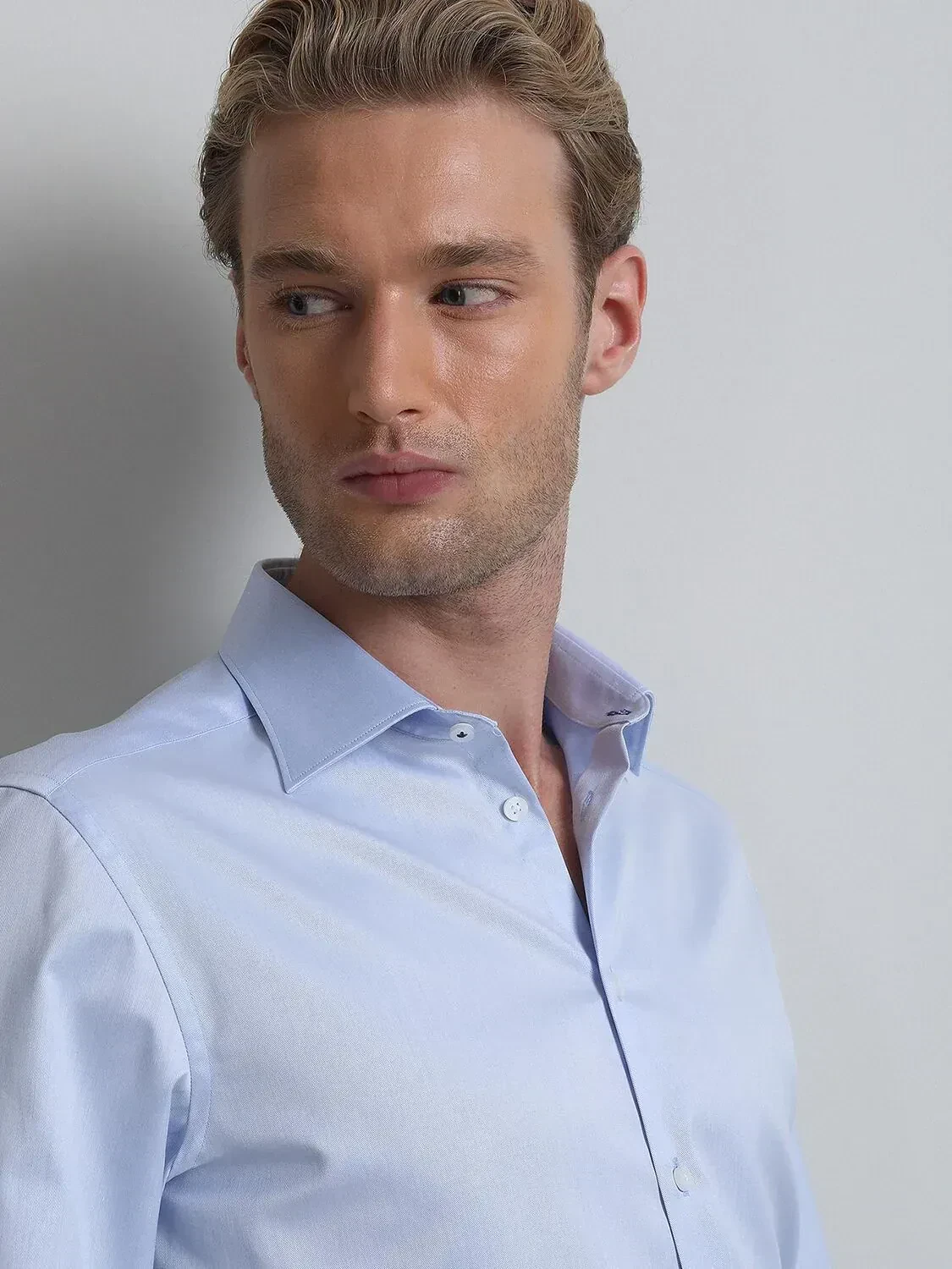 Blue Plain Slim Fit Weaving Classical 100% Cotton Shirt - 2