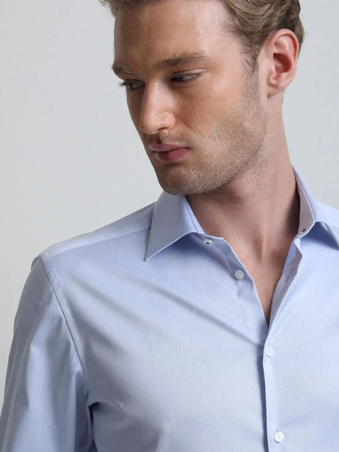 Blue Plain Slim Fit Weaving Classical 100% Cotton Shirt - 3