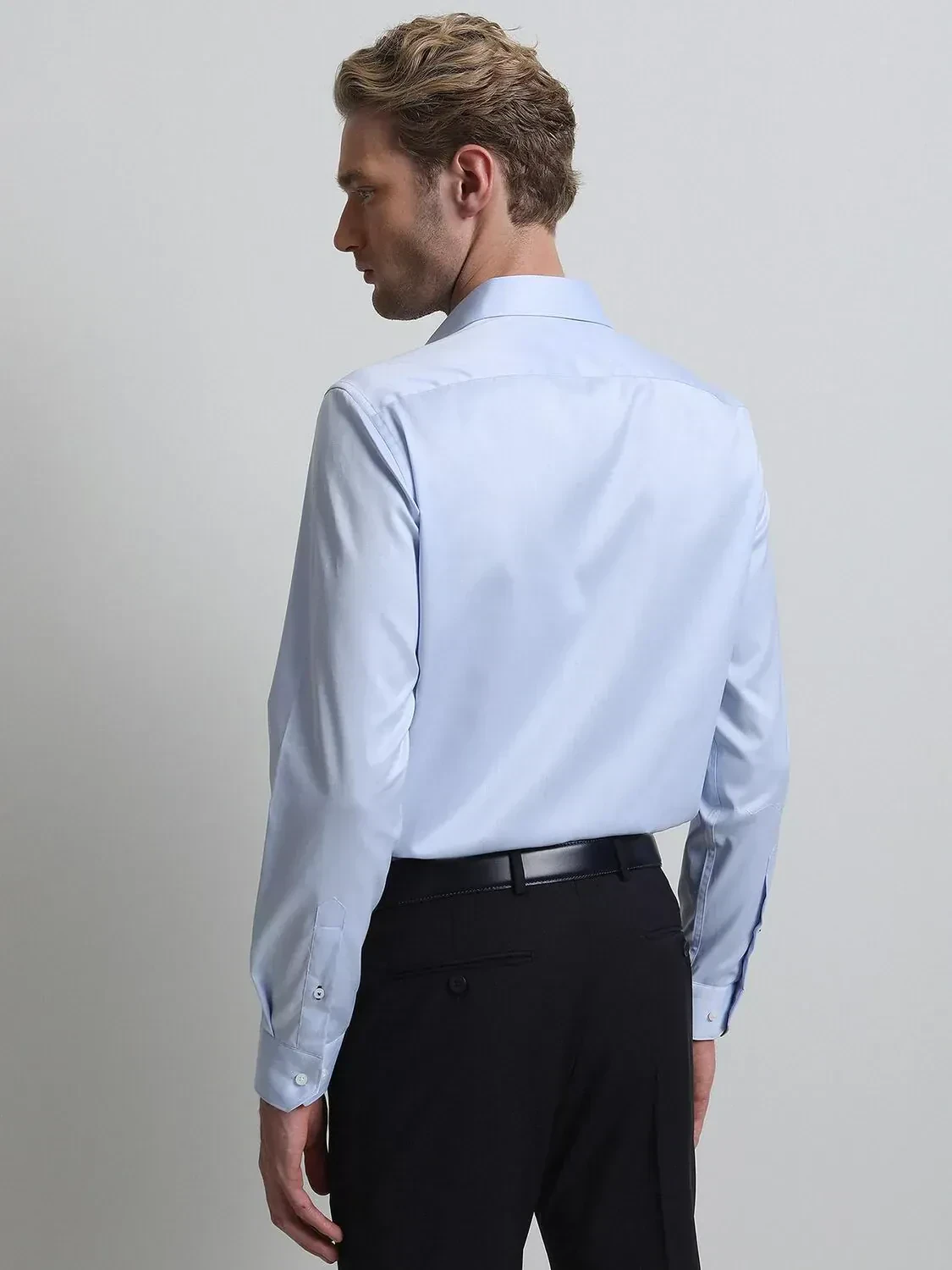 Blue Plain Slim Fit Weaving Classical 100% Cotton Shirt - 4