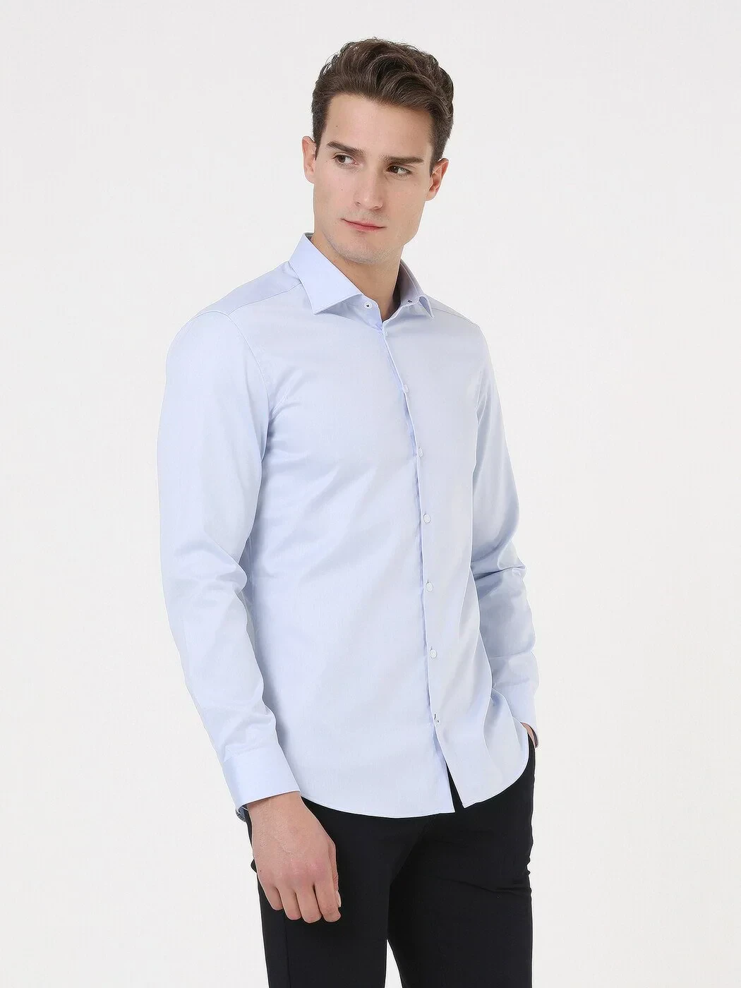 Blue Plain Slim Fit Weaving Classical 100% Cotton Shirt - 2