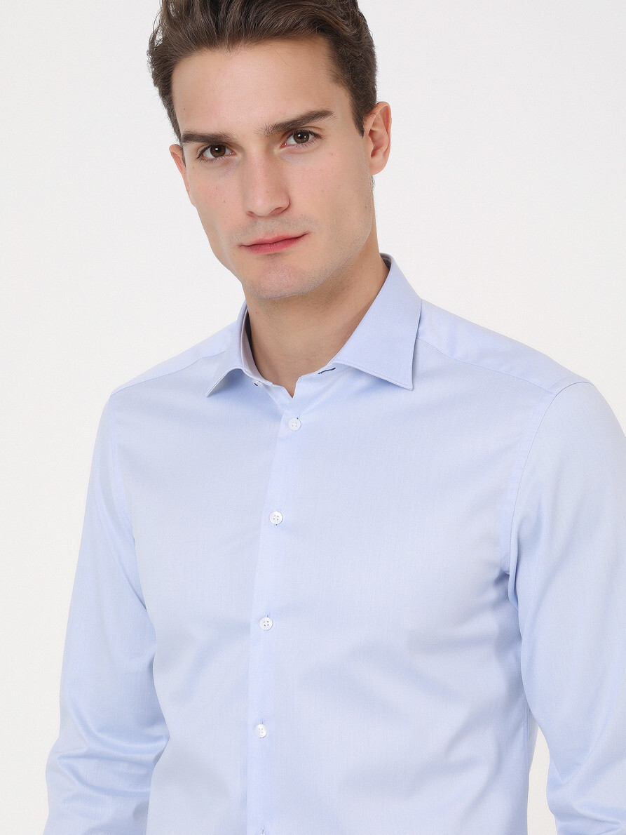 Blue Plain Slim Fit Weaving Classical 100% Cotton Shirt - 1