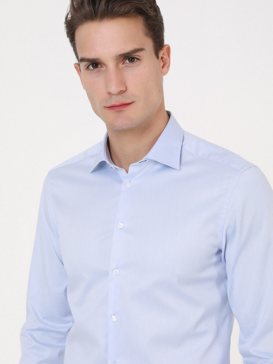 Blue Plain Slim Fit Weaving Classical 100% Cotton Shirt - 1