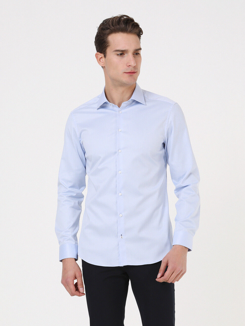 Blue Plain Slim Fit Weaving Classical 100% Cotton Shirt - 3