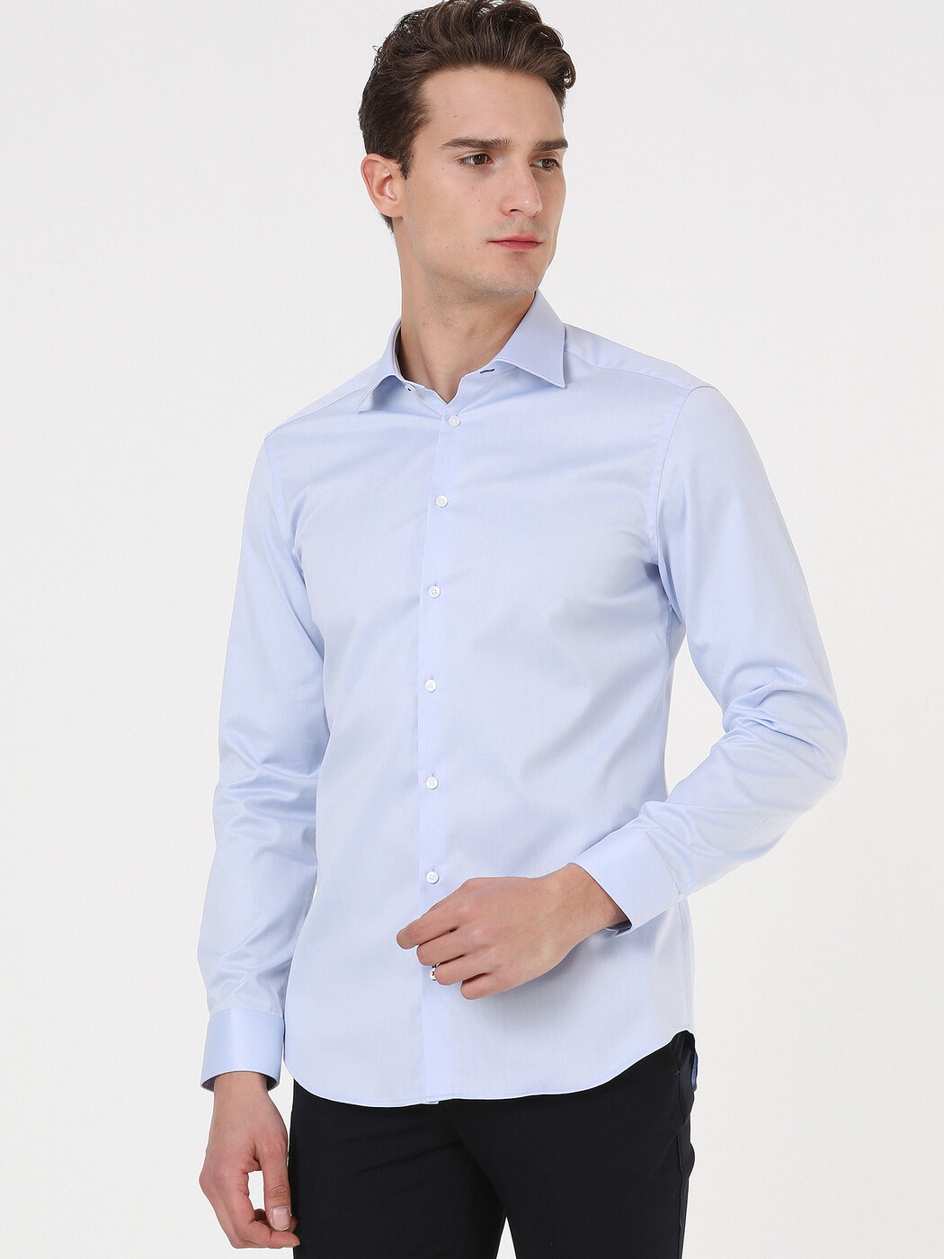 Blue Plain Slim Fit Weaving Classical 100% Cotton Shirt - 4