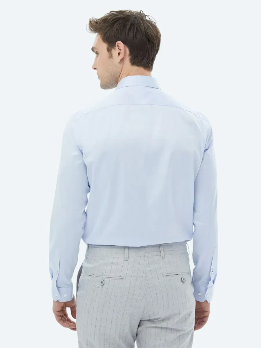 Blue Plain Slim Fit Weaving Classical 100% Cotton Shirt - 7
