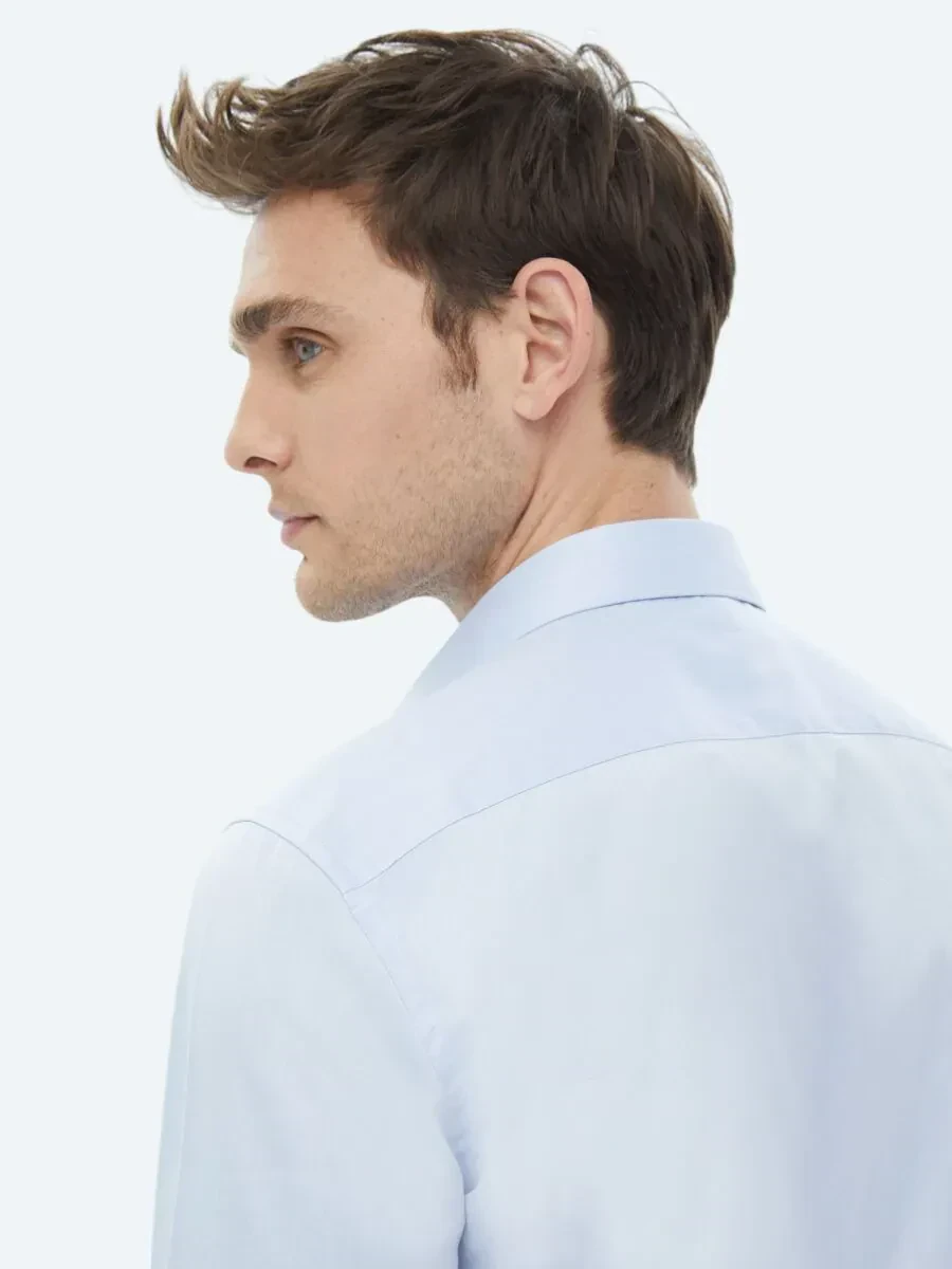 Blue Plain Slim Fit Weaving Classical 100% Cotton Shirt - 8