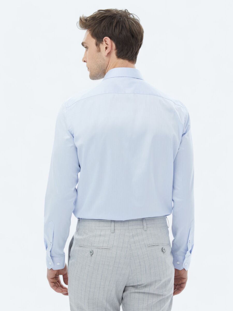 Blue Plain Slim Fit Weaving Classical 100% Cotton Shirt - 6