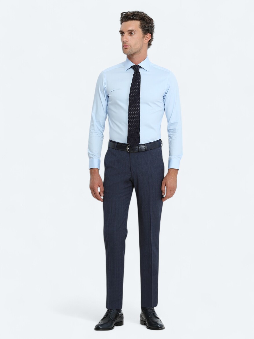 Blue Plain Slim Fit Weaving Classical 100% Cotton Shirt - 2
