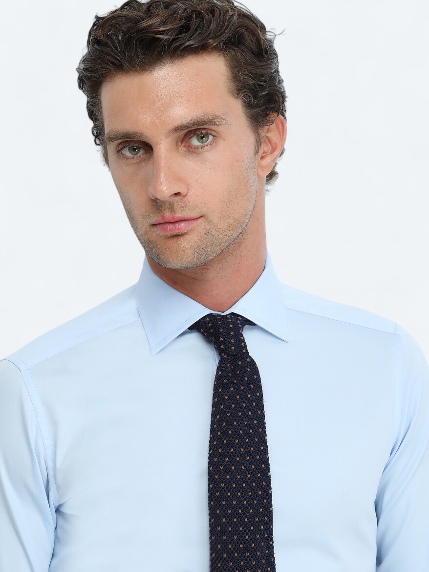 Blue Plain Slim Fit Weaving Classical 100% Cotton Shirt - 3