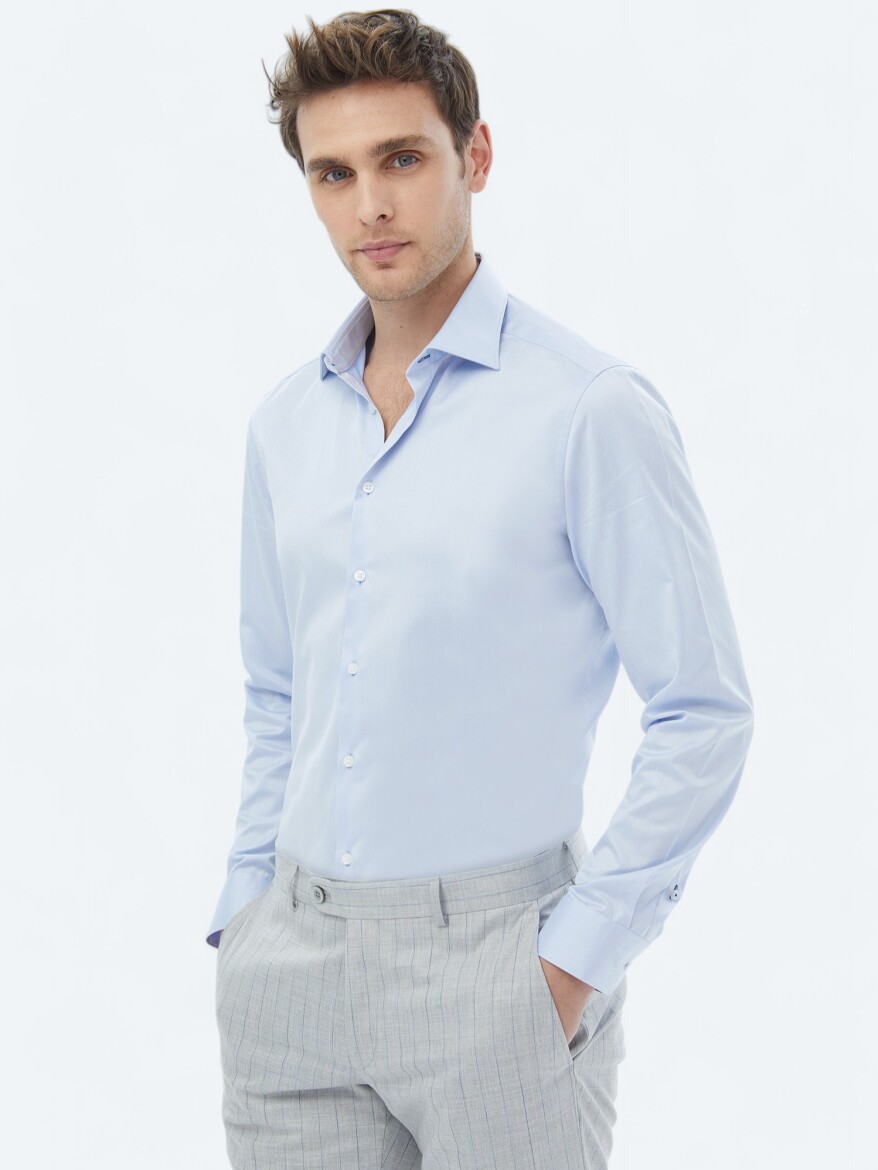 Blue Plain Slim Fit Weaving Classical 100% Cotton Shirt - 1