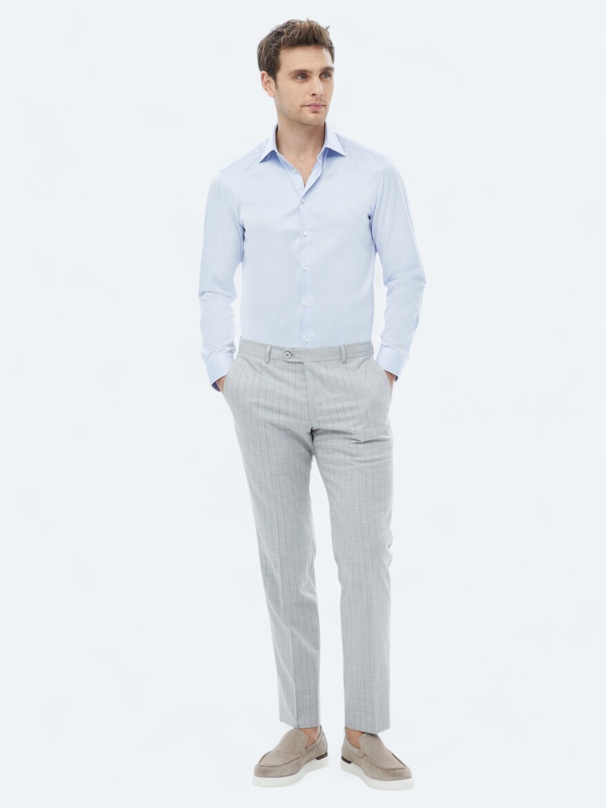 Blue Plain Slim Fit Weaving Classical 100% Cotton Shirt - 5