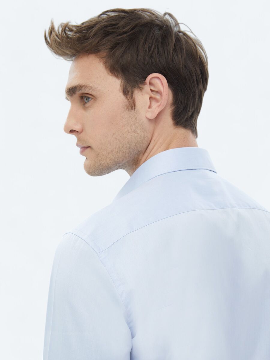 Blue Plain Slim Fit Weaving Classical 100% Cotton Shirt - 7