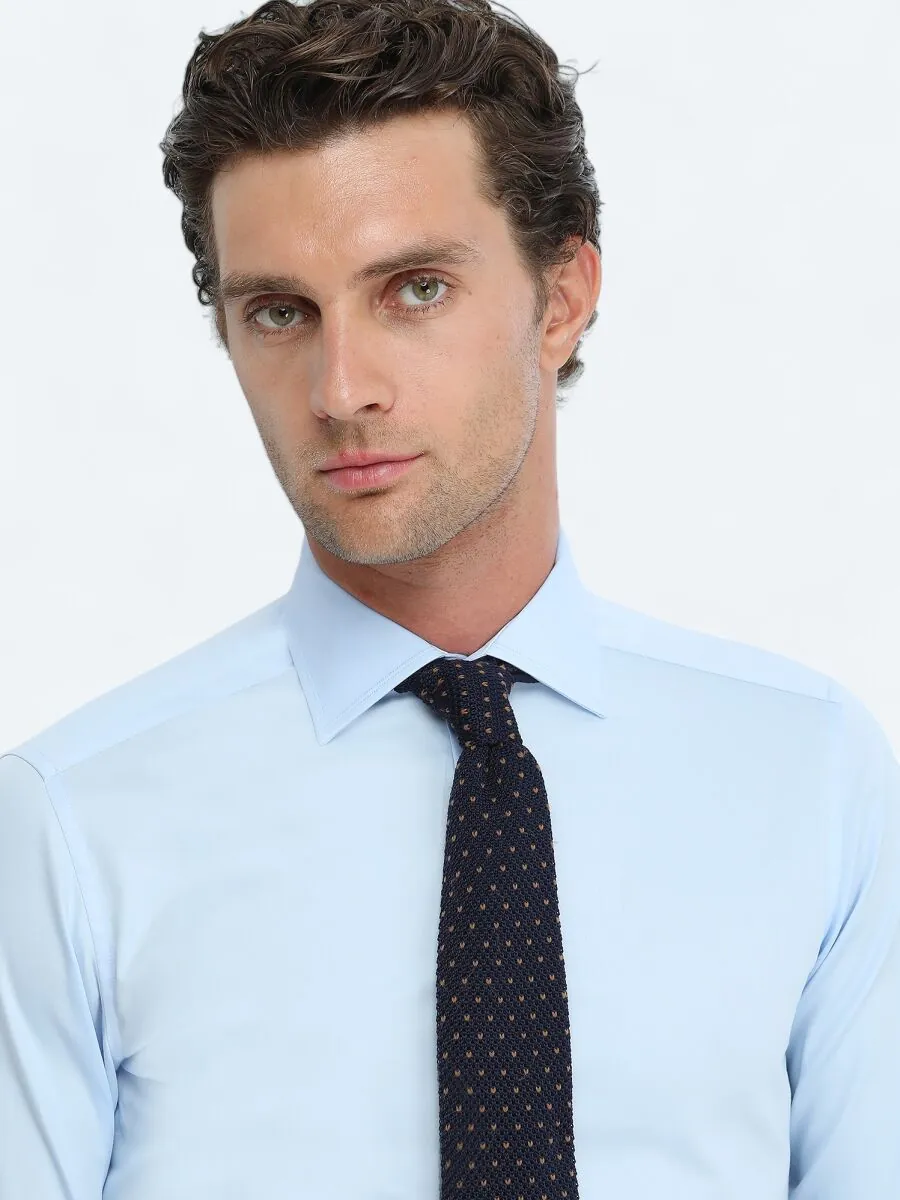 Blue Plain Slim Fit Weaving Classical 100% Cotton Shirt - 3