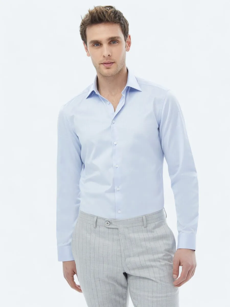 Blue Plain Slim Fit Weaving Classical 100% Cotton Shirt - 1