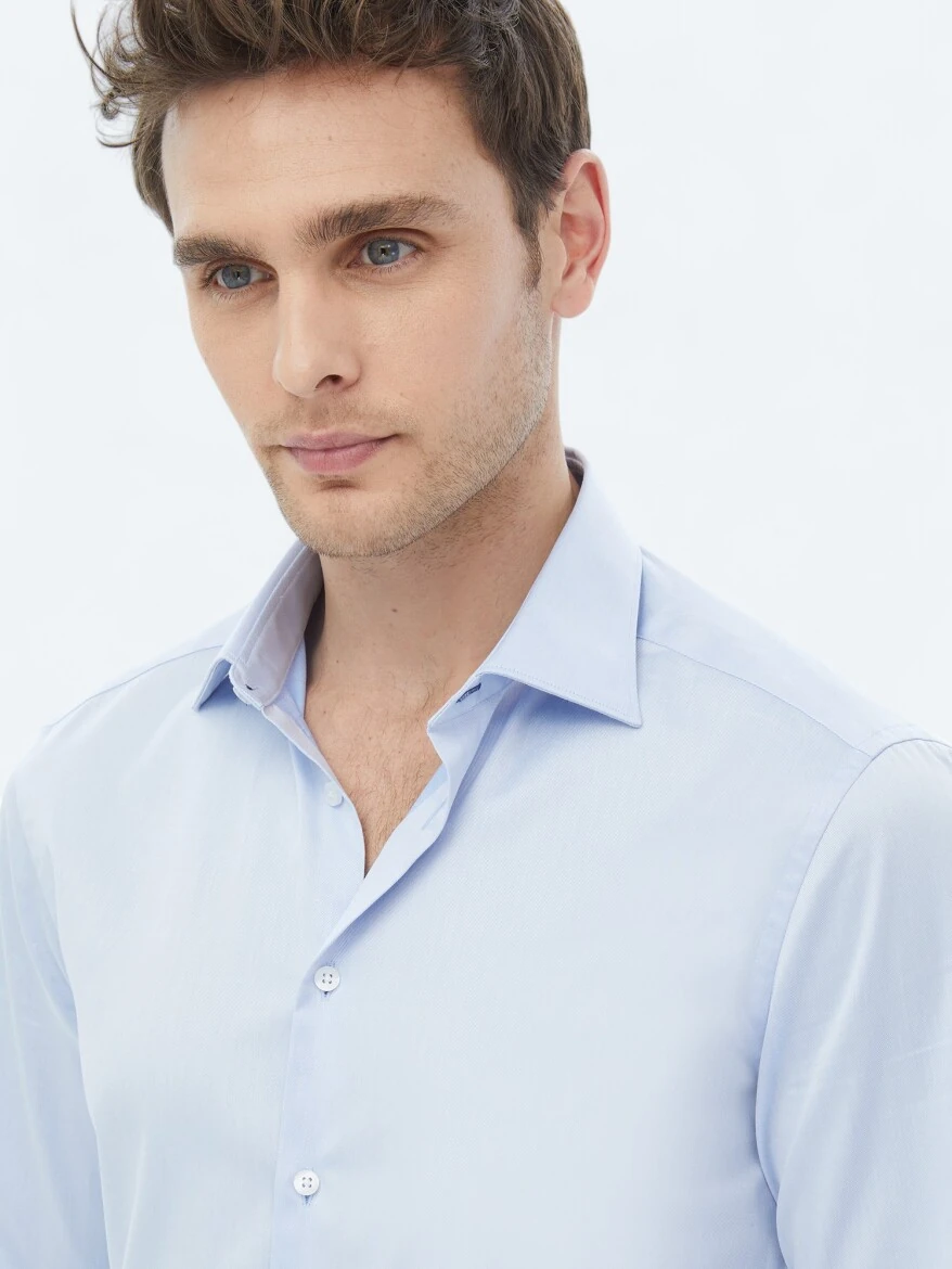 Blue Plain Slim Fit Weaving Classical 100% Cotton Shirt - 3