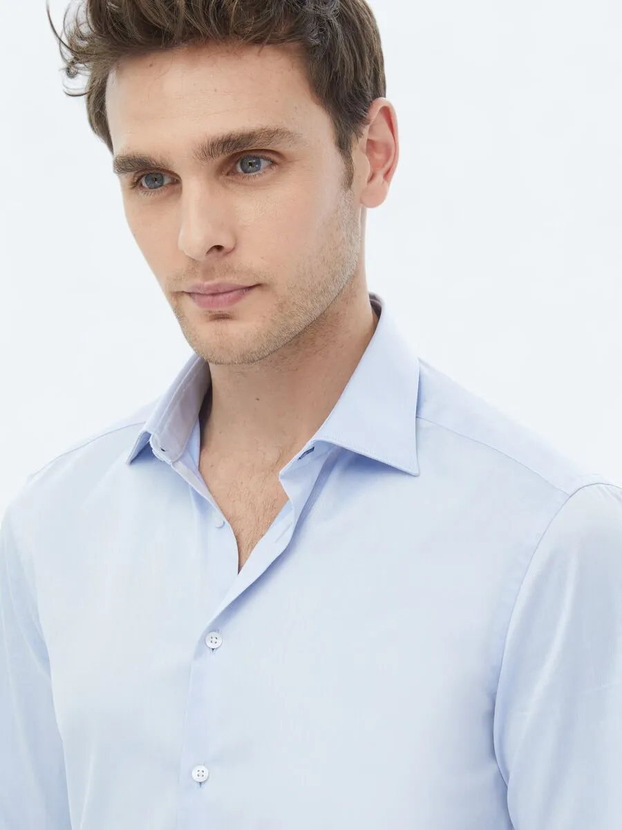 Blue Plain Slim Fit Weaving Classical 100% Cotton Shirt - 3