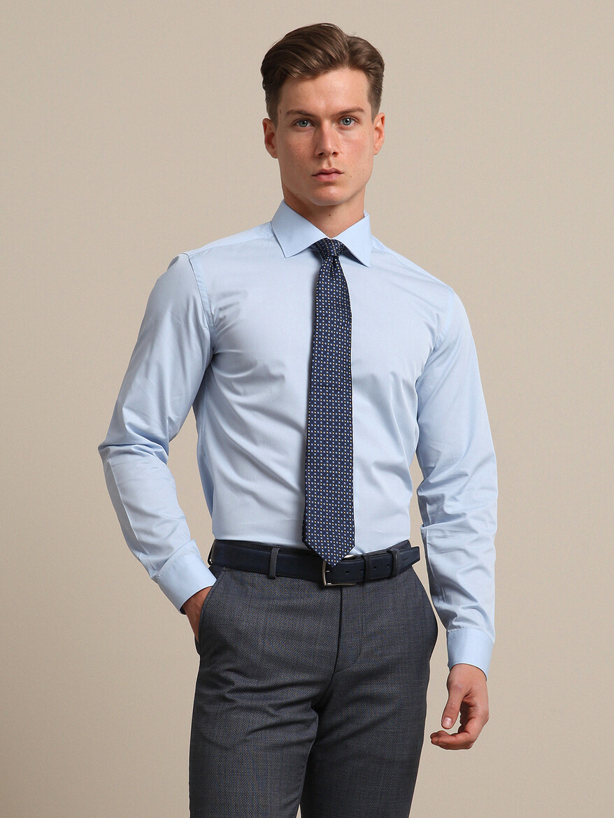 Blue Plain Slim Fit Weaving Classical Cotton Blended Shirt - 2
