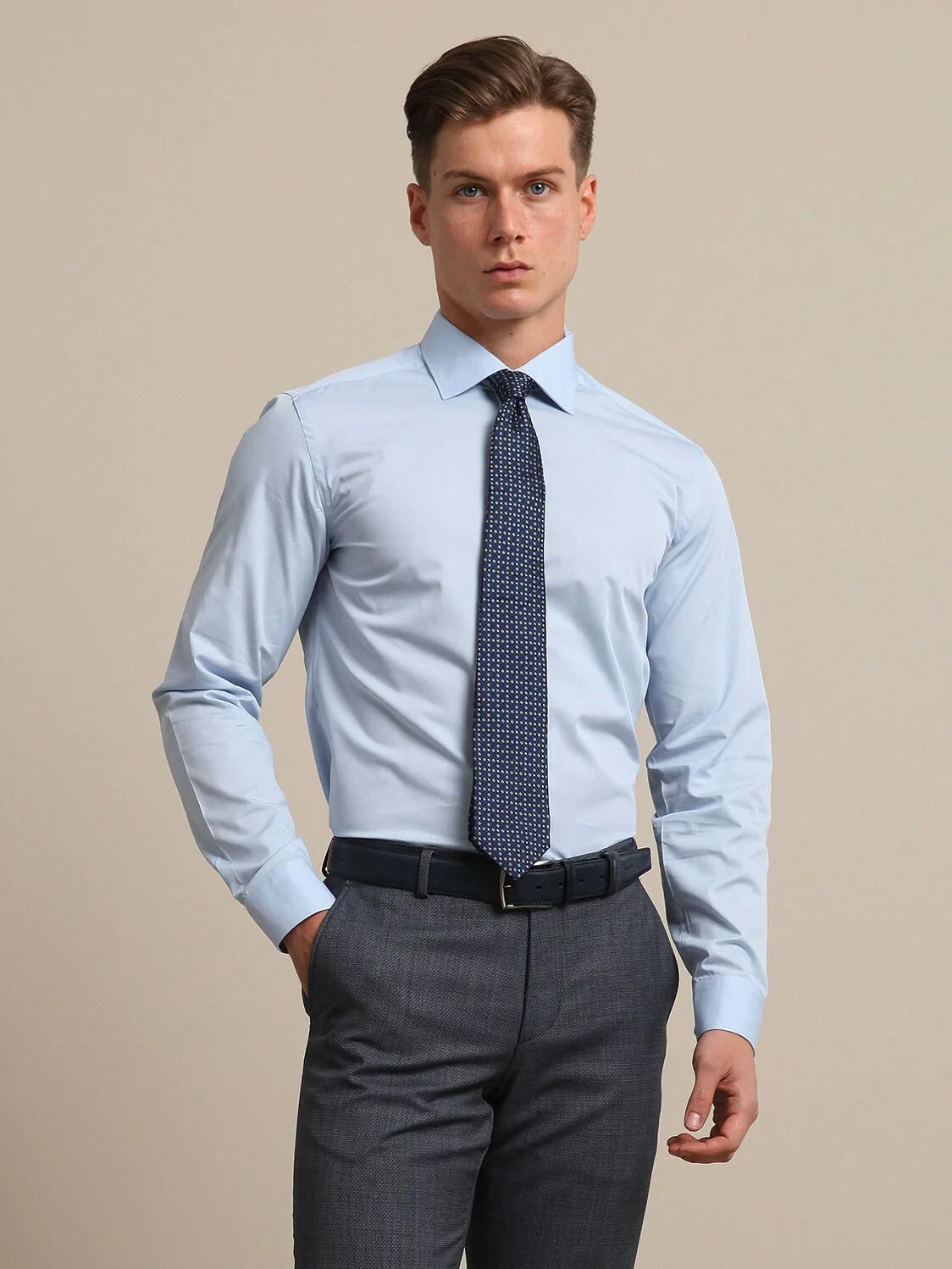 Blue Plain Slim Fit Weaving Classical Cotton Blended Shirt - 3