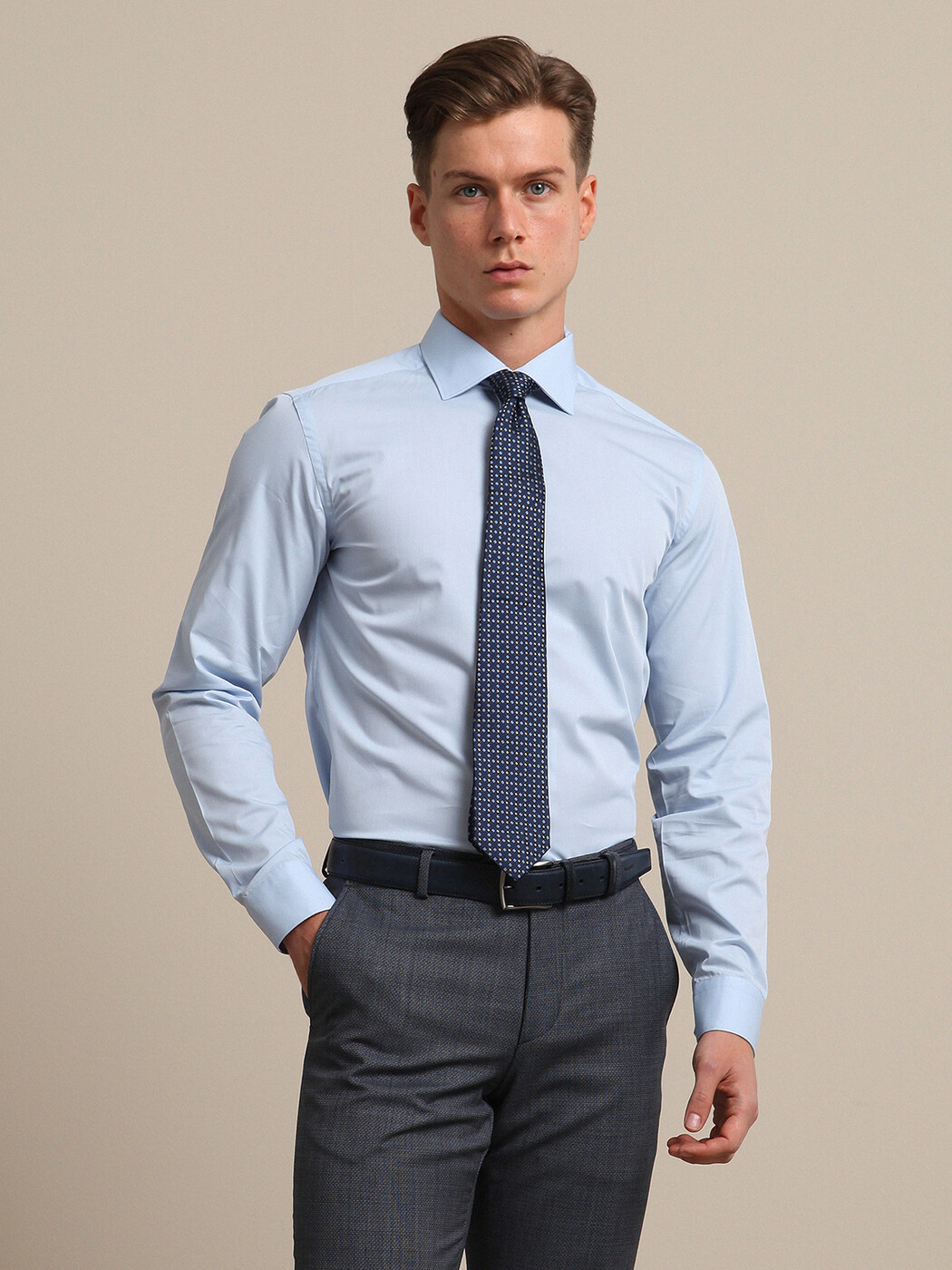 Blue Plain Slim Fit Weaving Classical Cotton Blended Shirt - 3
