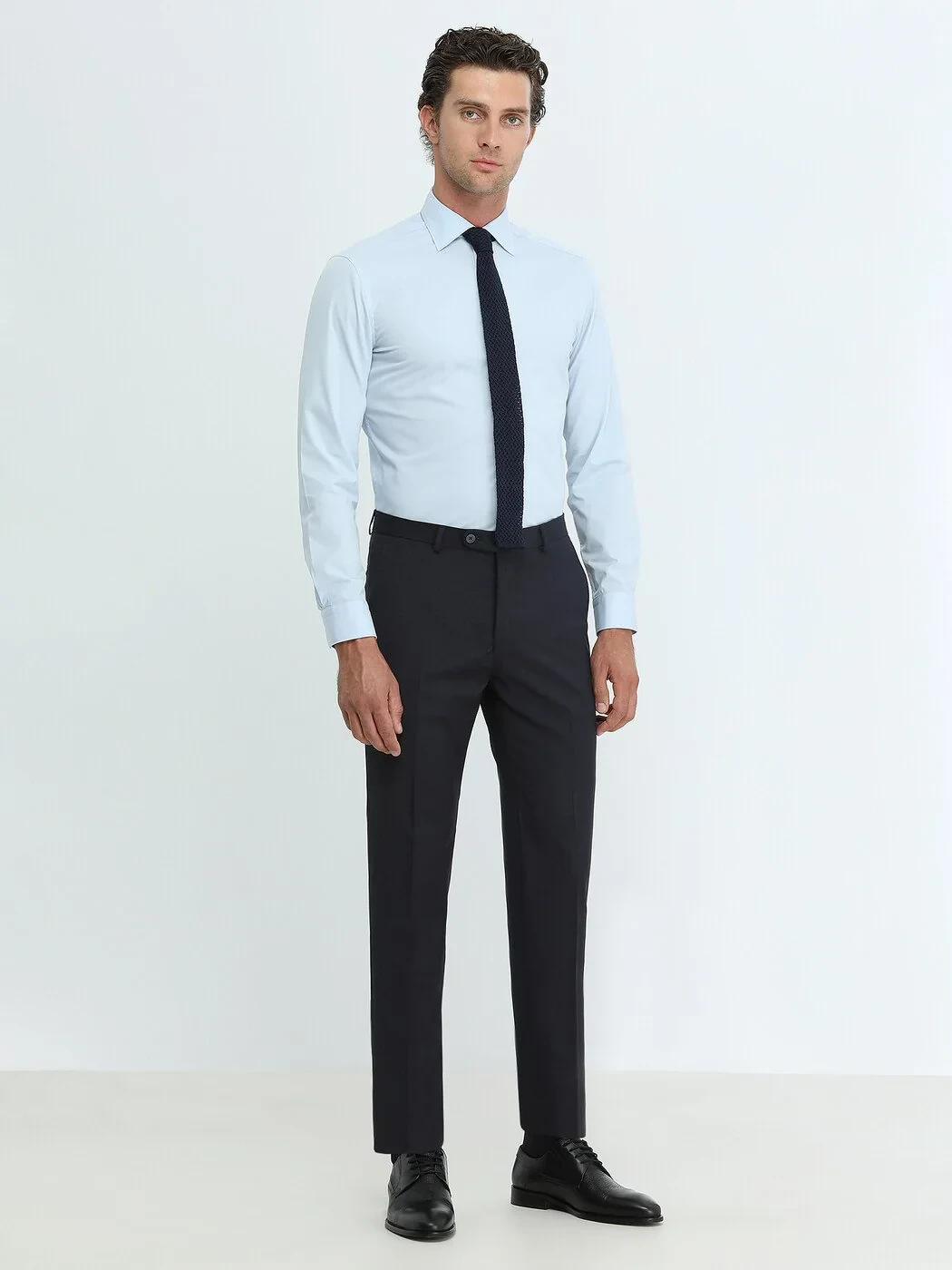 Blue Plain Slim Fit Weaving Classical Cotton Blended Shirt - 2
