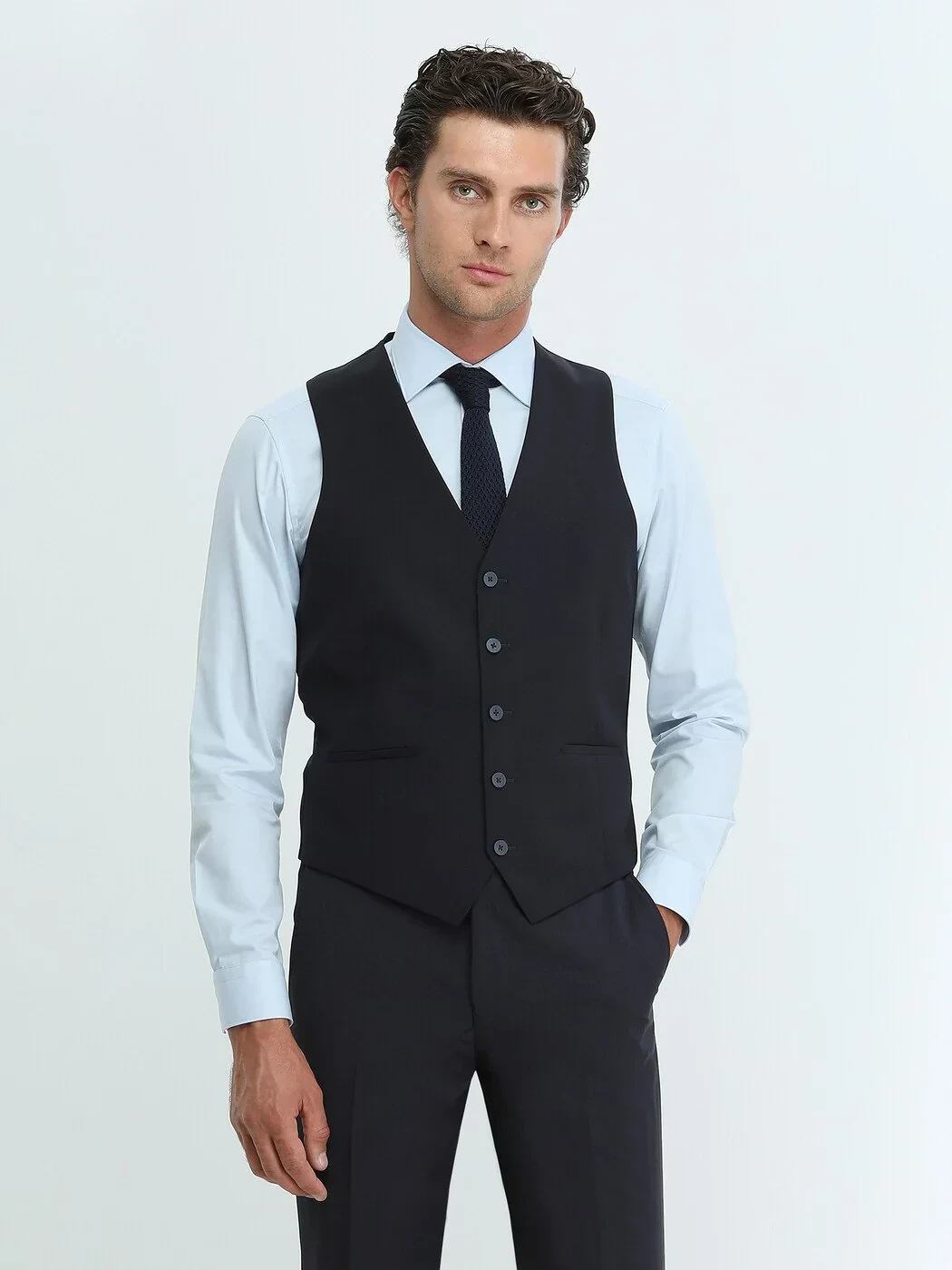 Blue Plain Slim Fit Weaving Classical Cotton Blended Shirt - 3