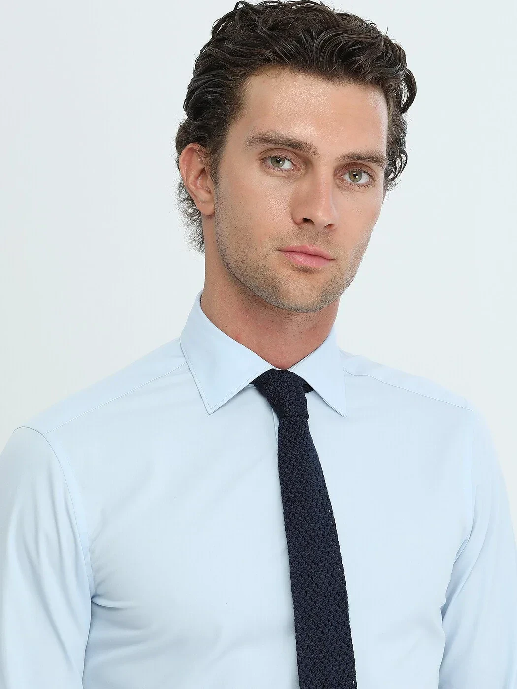 Blue Plain Slim Fit Weaving Classical Cotton Blended Shirt 