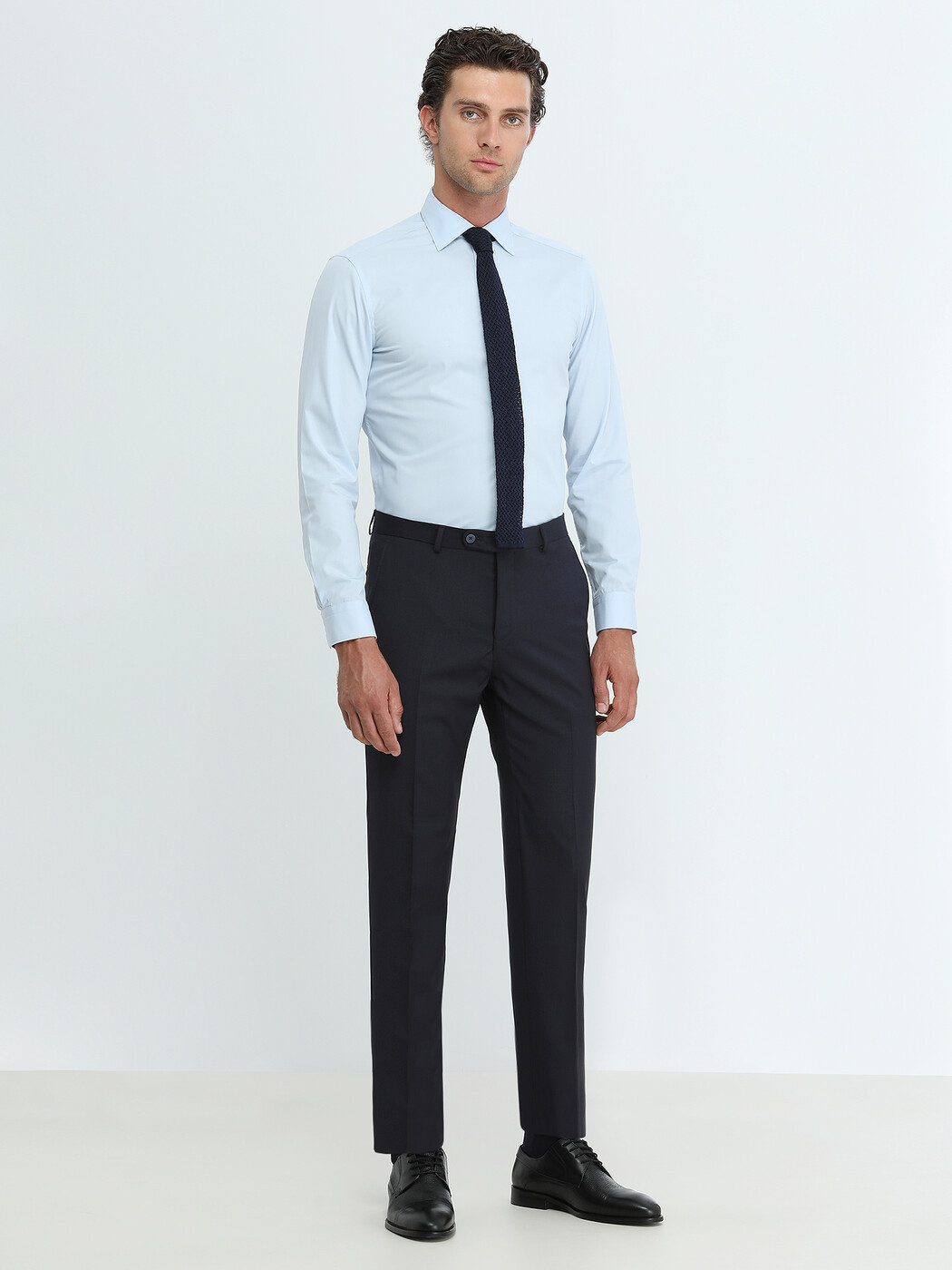 Blue Plain Slim Fit Weaving Classical Cotton Blended Shirt - 2
