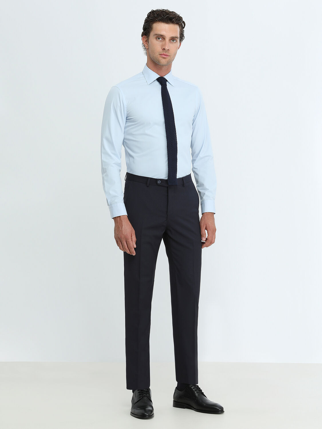 Blue Plain Slim Fit Weaving Classical Cotton Blended Shirt - 2