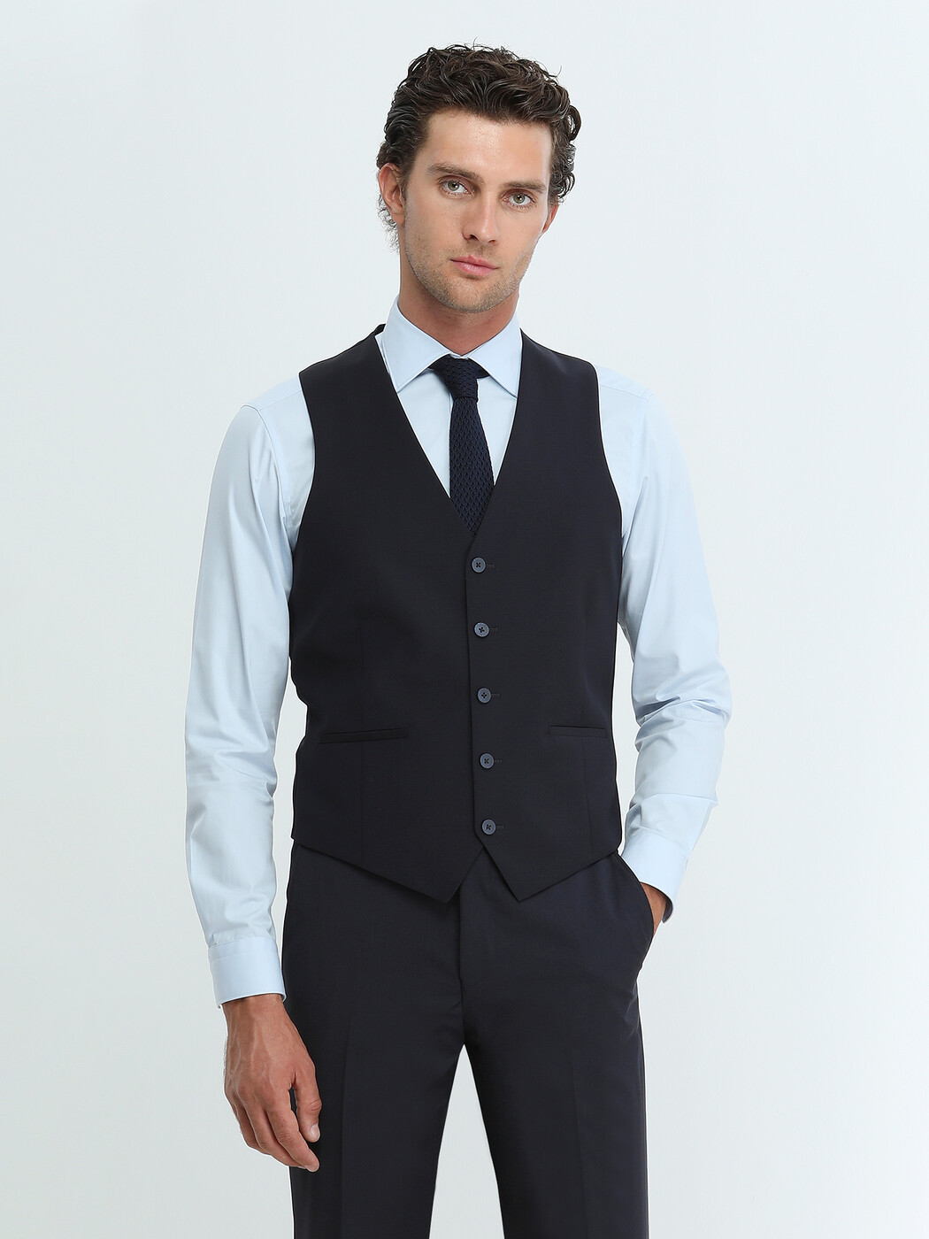 Blue Plain Slim Fit Weaving Classical Cotton Blended Shirt - 3