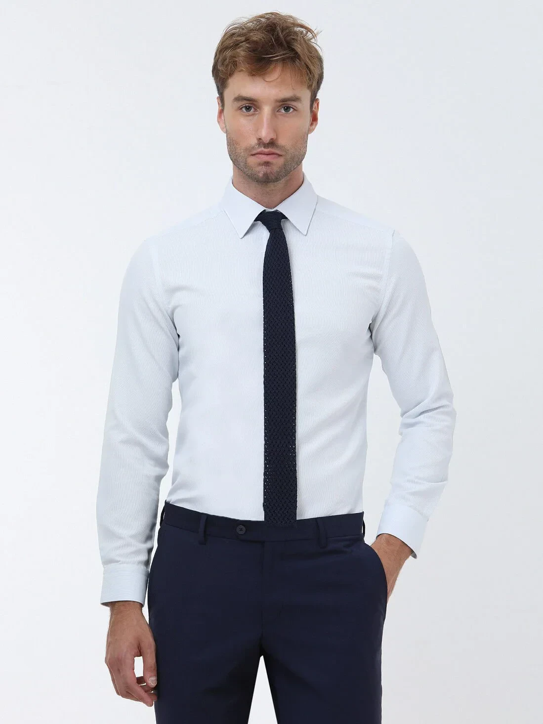 Blue Plain Slim Fit Weaving Classical Cotton Blended Shirt - 1