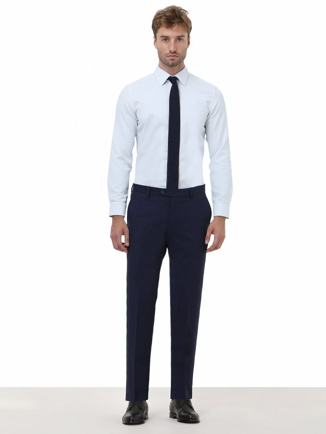 Blue Plain Slim Fit Weaving Classical Cotton Blended Shirt - 2